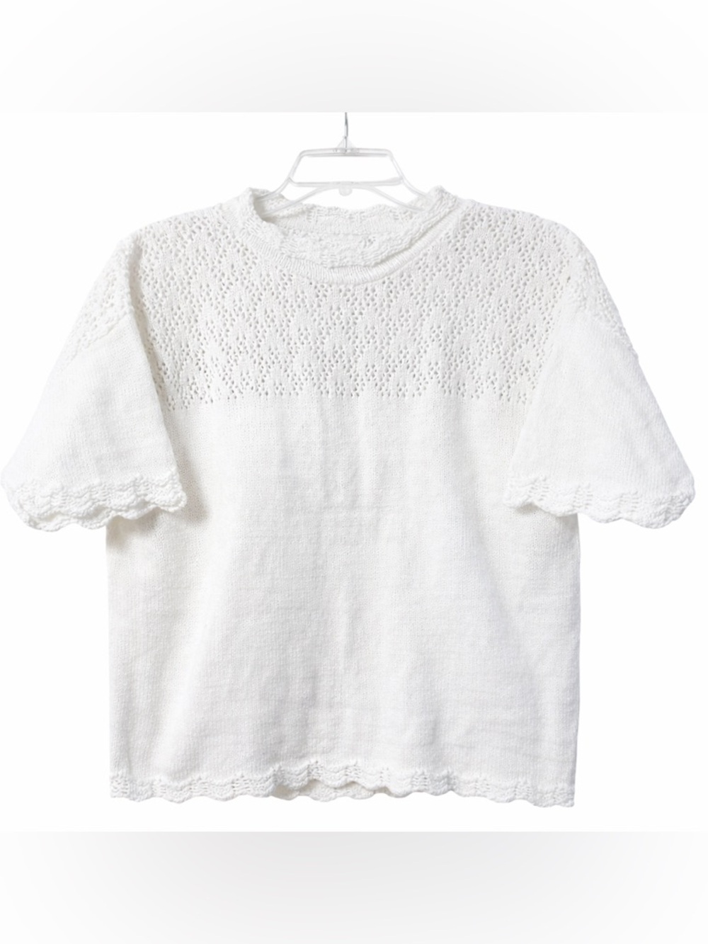 Vintage Cottagecore White Knit Sweater Scalloped Edge Cotton Lace Detail M/L